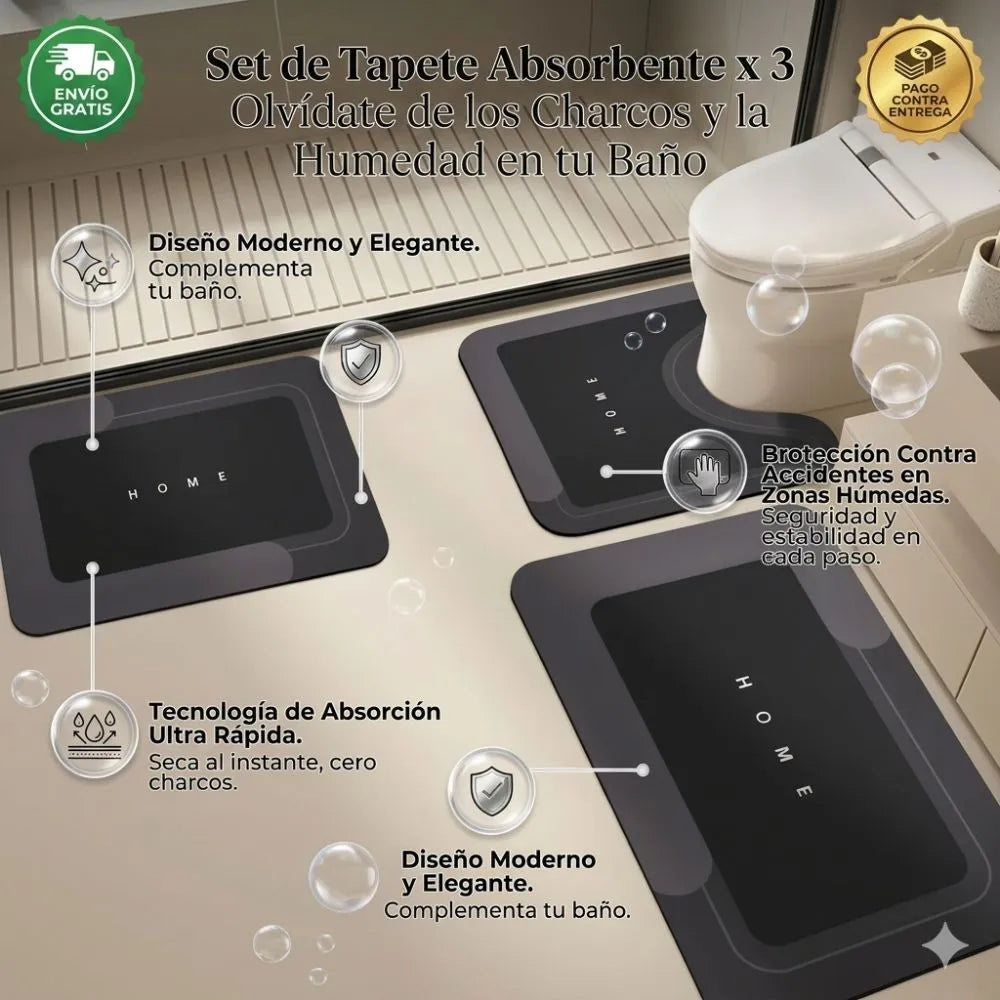 Set de Tapete Absorbente x 3 | Olvídate de los Charcos y la Humedad en tu Baño.