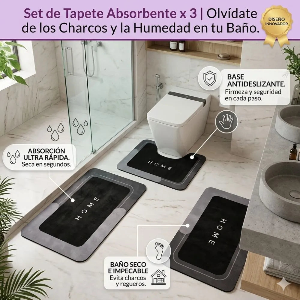 Set de Tapete Absorbente x 3 | Olvídate de los Charcos y la Humedad en tu Baño.