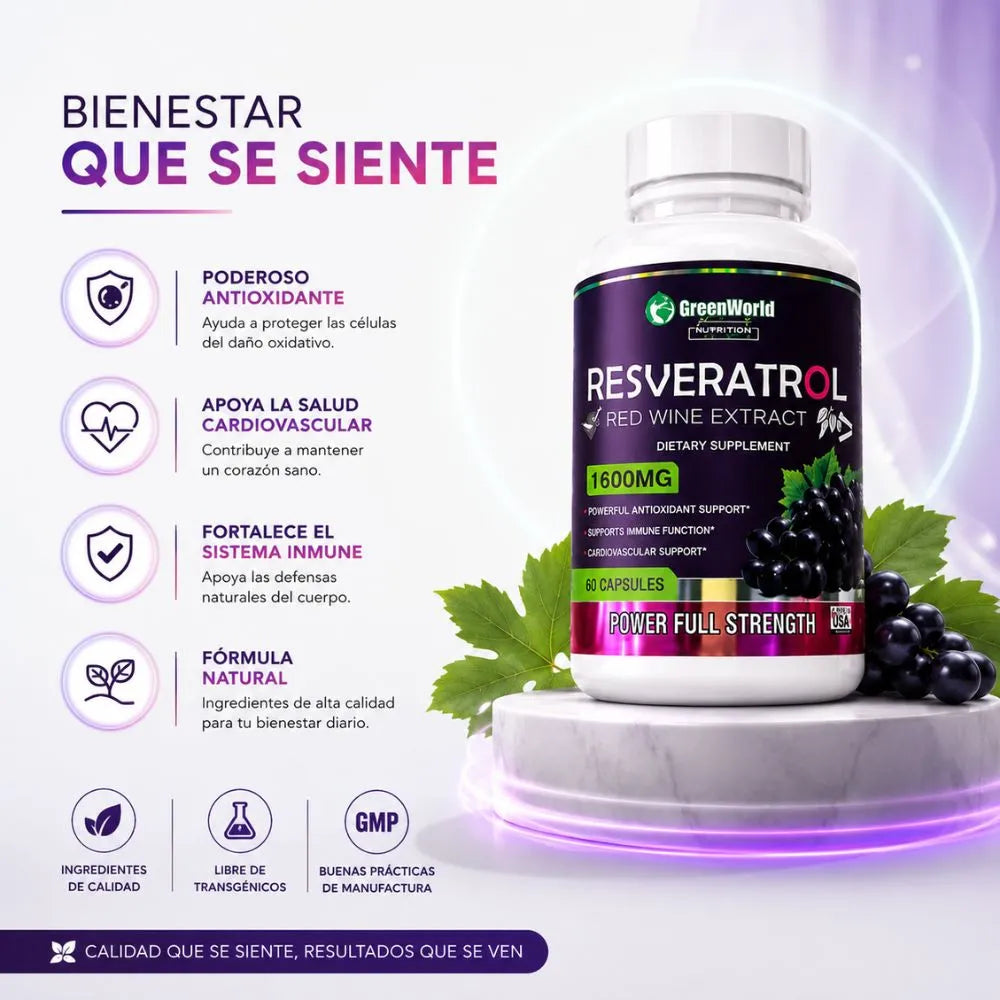 🍇 Resveratrol GreenWorld 1600mg - Combo x2 | "Tu escudo diario contra el envejecimiento"