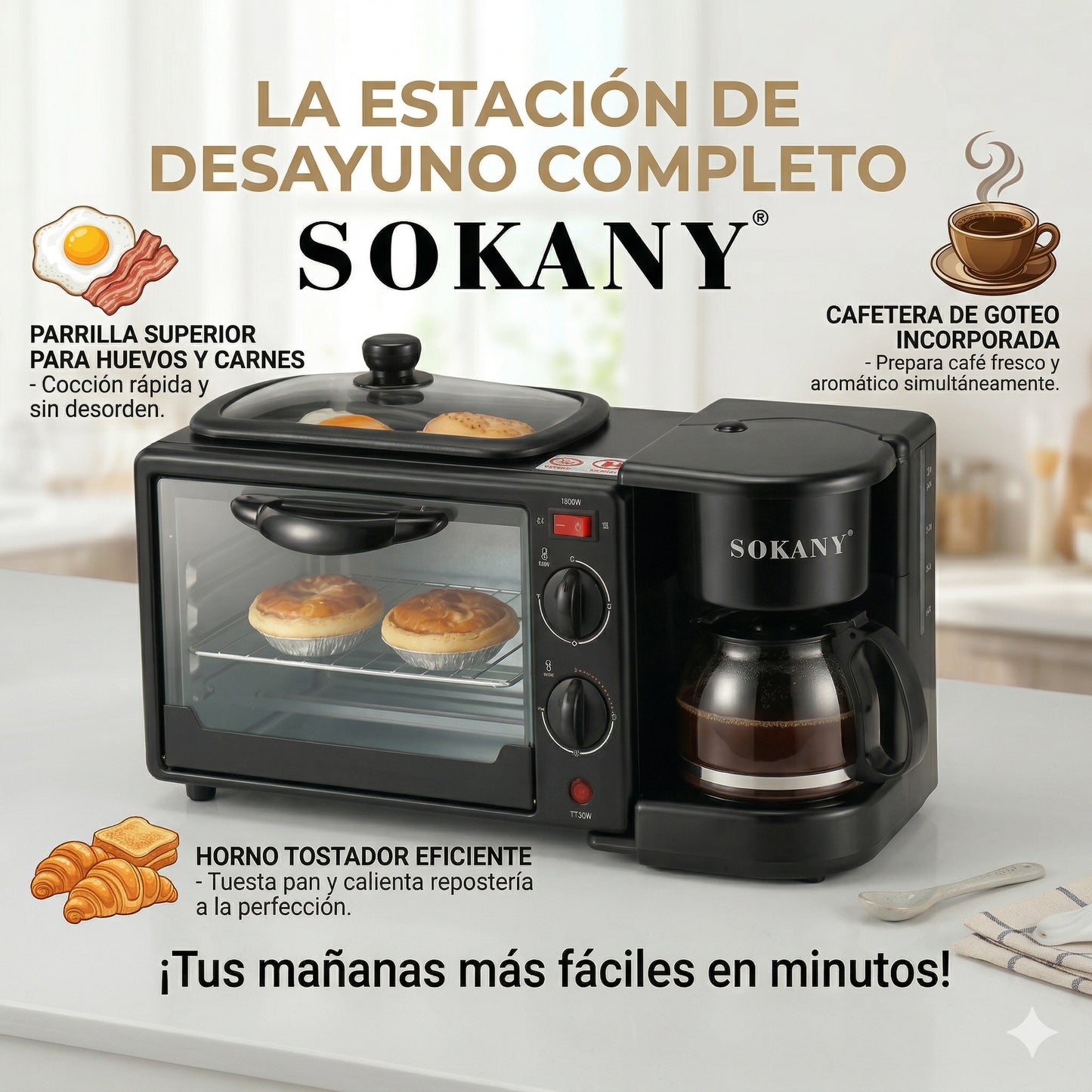 ♨️ SincroCook | Horno 3 en 1 | "Desayuno completo y tiempo optimizado."