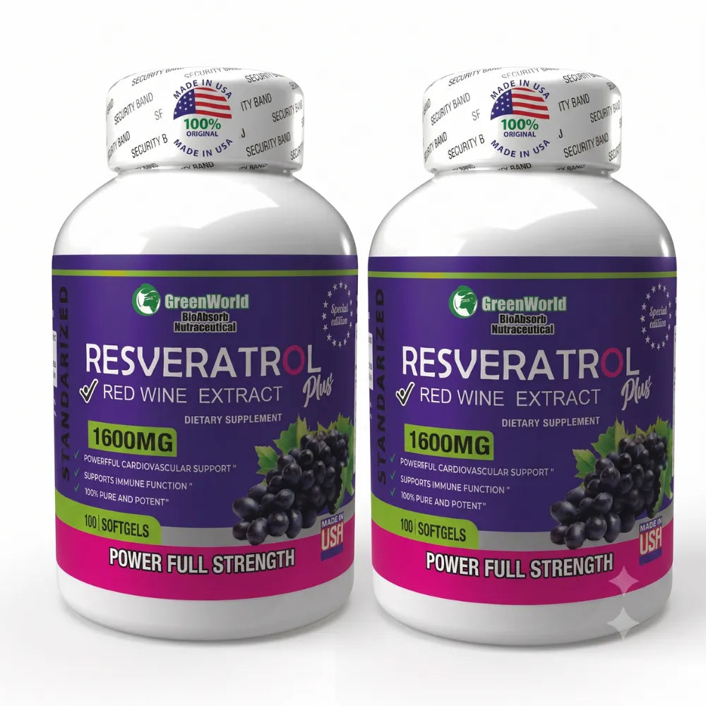 🍇Resveratrol GreenWorld 1600mg x100 Softgels Combo x2 | "Máxima protección articular, ósea e inmunológica"