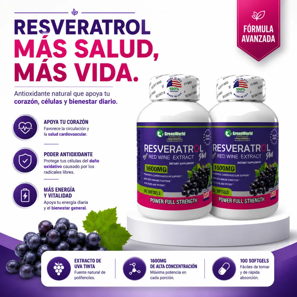 🍇Resveratrol GreenWorld 1600mg x100 Softgels Combo x2 | "Máxima protección articular, ósea e inmunológica"