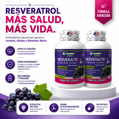 🍇Resveratrol GreenWorld 1600mg x100 Softgels Combo x2 | "Máxima protección articular, ósea e inmunológica"