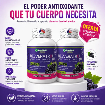 🍇Resveratrol GreenWorld 1600mg x100 Softgels Combo x2 | "Máxima protección articular, ósea e inmunológica"