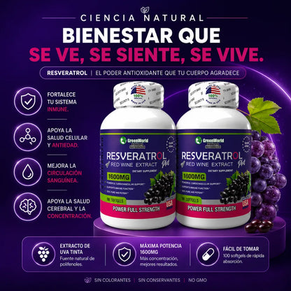 🍇Resveratrol GreenWorld 1600mg x100 Softgels Combo x2 | "Máxima protección articular, ósea e inmunológica"