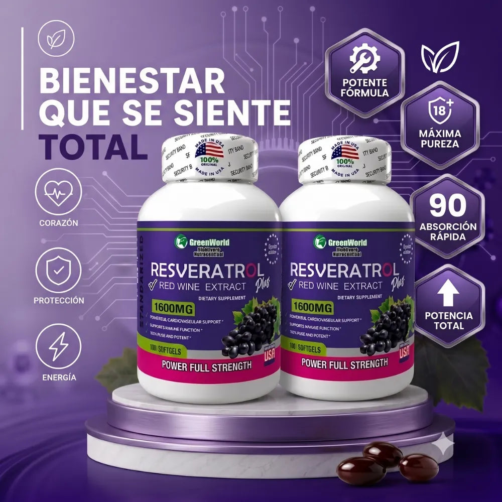 🍇Resveratrol GreenWorld 1600mg x100 Softgels Combo x2 | "Máxima protección articular, ósea e inmunológica"