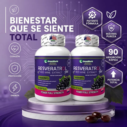 🍇Resveratrol GreenWorld 1600mg x100 Softgels Combo x2 | "Máxima protección articular, ósea e inmunológica"