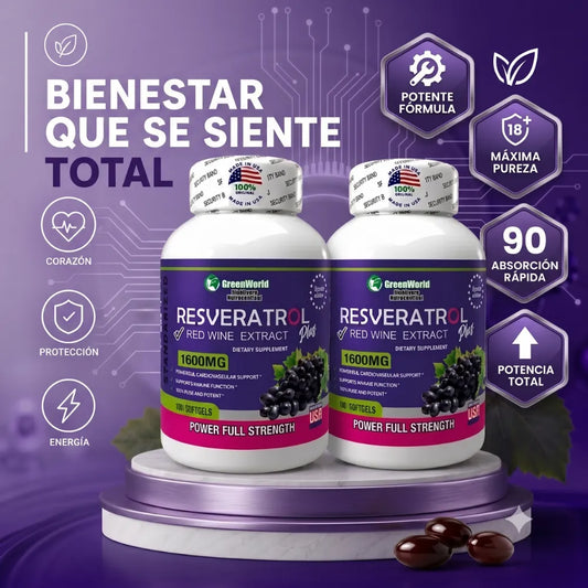 🍇Resveratrol GreenWorld 1600mg x100 Softgels Combo x2 | "Máxima protección articular, ósea e inmunológica"