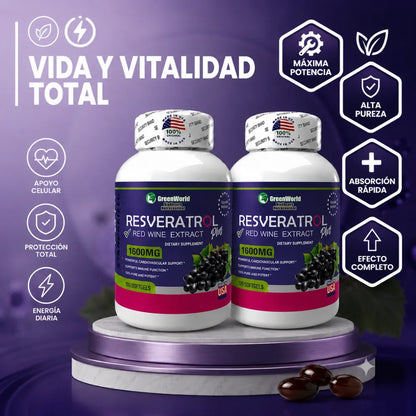🍇Resveratrol GreenWorld 1600mg x100 Softgels Combo x2 | "Máxima protección articular, ósea e inmunológica"