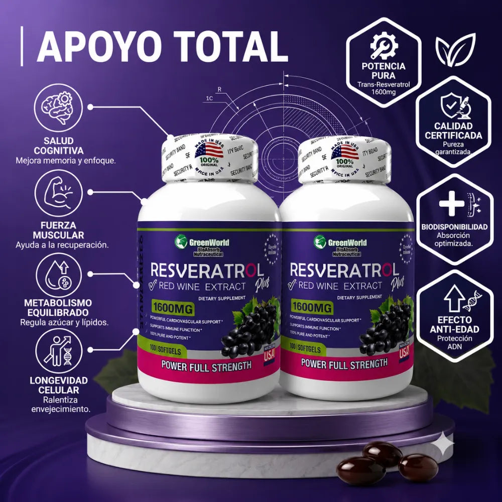 🍇Resveratrol GreenWorld 1600mg x100 Softgels Combo x2 | "Máxima protección articular, ósea e inmunológica"