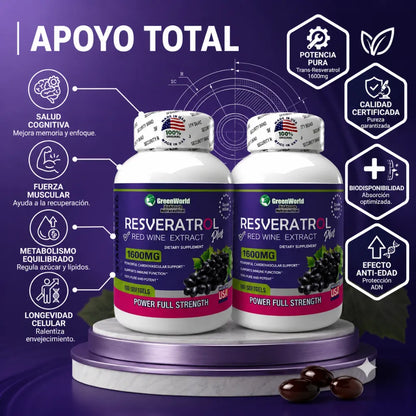 🍇Resveratrol GreenWorld 1600mg x100 Softgels Combo x2 | "Máxima protección articular, ósea e inmunológica"